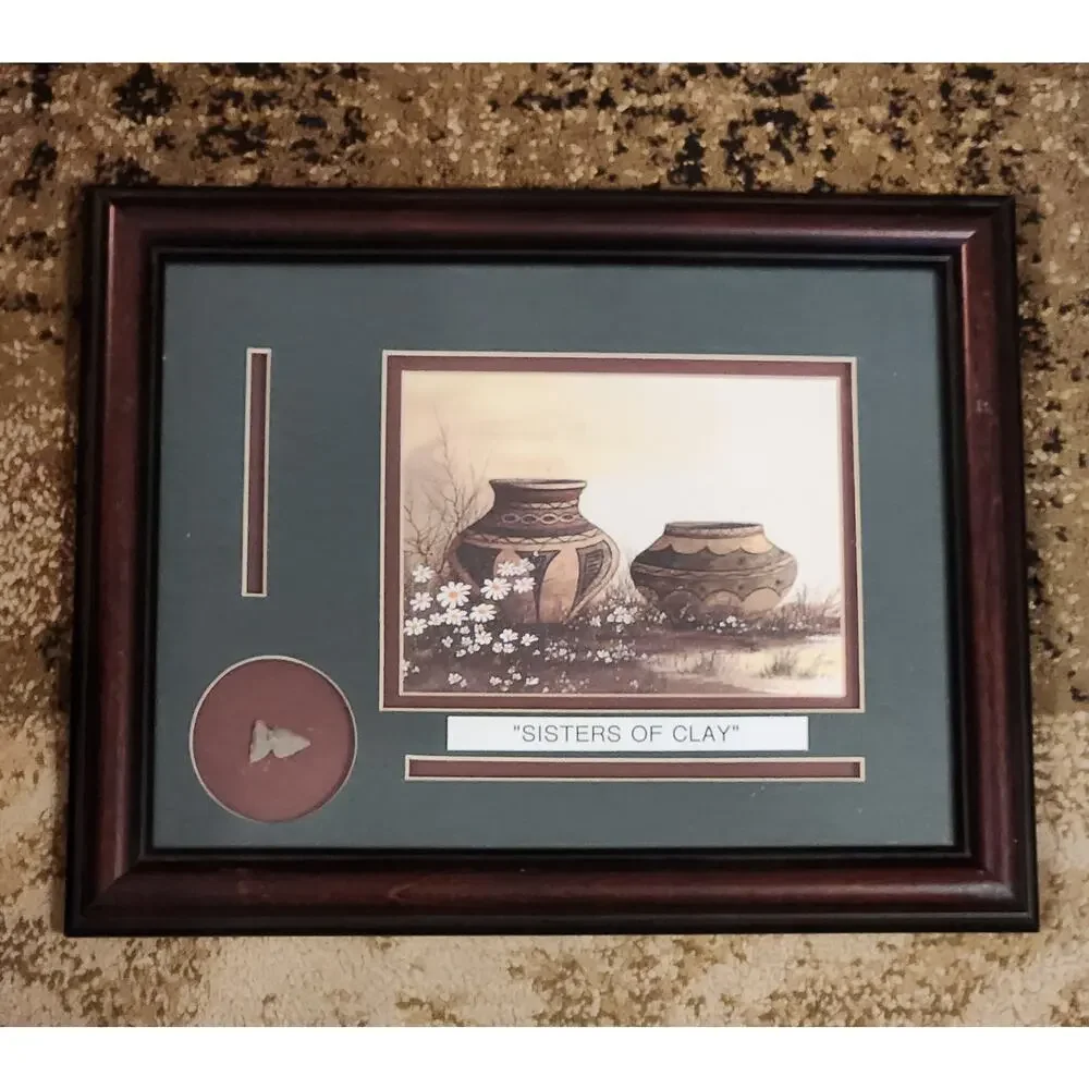 Native American Painting and Real Arrow Head Matted and Framed SISTERS OF CLAY - Picture 1 of 6